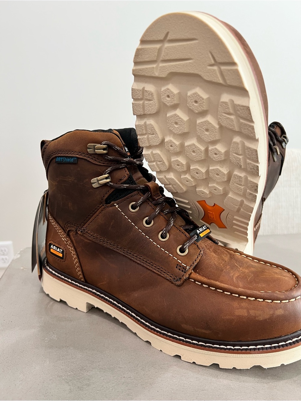 Ariat distressed Brown Waterproof Electrical Hazard Soft toe- Women’s size 10